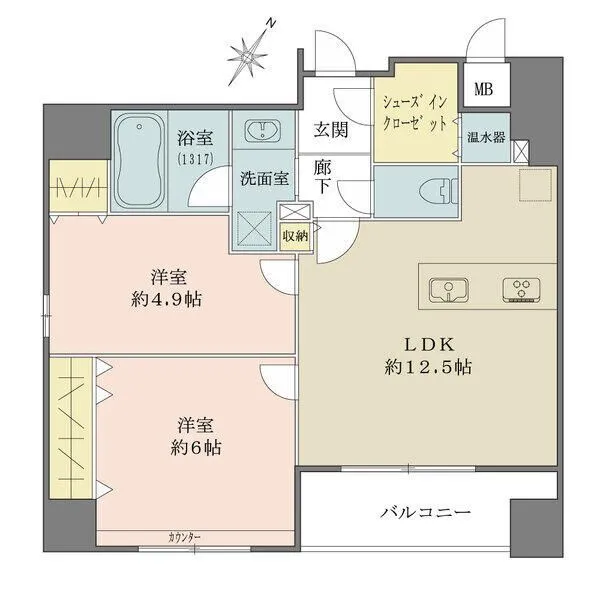 レフィール日本橋本町 LDKから各居室に出入りできる動線の良い配置。廊下を最小限に、居住スペースが広く確保されています。