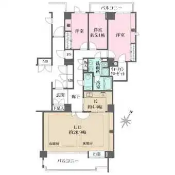 通風良好な2面バルコニー付き。ウォークインクローゼットや棚など、収納豊富で住空間を有効活用できます。