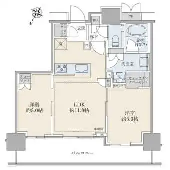１７階／北西向き／２ＬＤＫ／５４．９０平米　全居室バルコニーに面した間取りでございます。