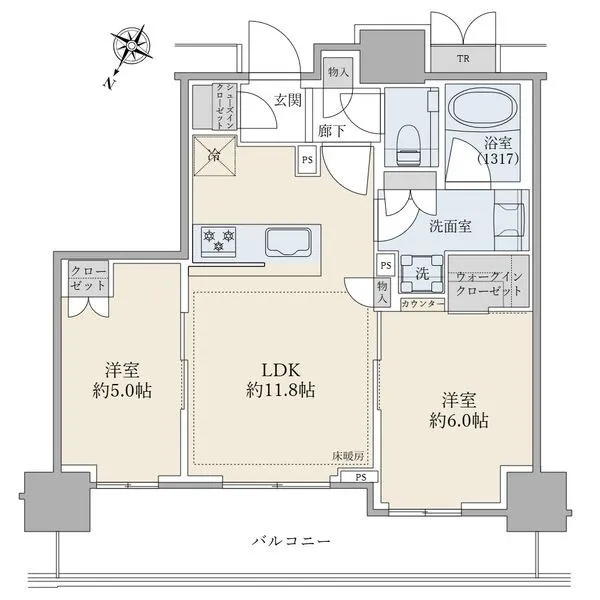ブリリアタワー有明ミッドクロス １７階／北西向き／２ＬＤＫ／５４．９０平米　全居室バルコニーに面した間取りでございます。