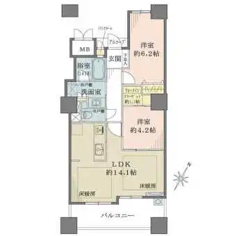 南向きバルコニーの２LDKタイプ。ウォークインクローゼット等、収納量豊富な間取りです