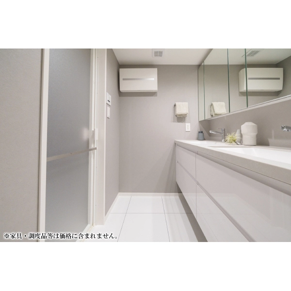 東北沢ハウス 洗面室：並んで使えるツーボウル洗面。ゆとりある設計で朝の身支度も快適