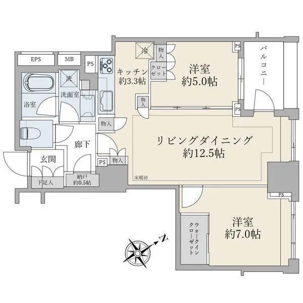 ブリリアウェリス月島 １５階建１２階部分／北東向き／６５．０３平米の２ＬＤＫ＋Ｎ＋ＷＩＣタイプ。