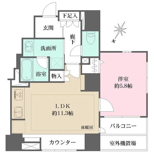 トーキョー・オーディアム日本橋浜町 1LDK、44.39m2、北西角住戸