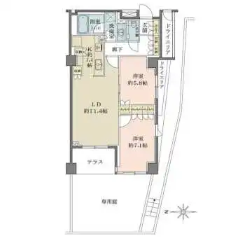 23.13平米の専用庭付の2LDK