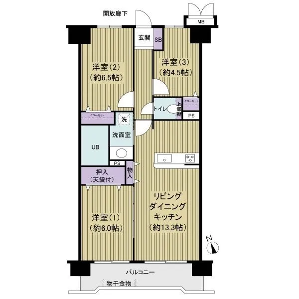 ハートフルシティ松戸六高台スクエア壱 7階部分南東向き3LDK 64.67m2