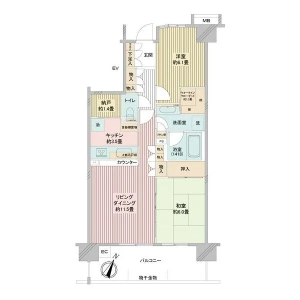パークシティさいたま北ブライトレジデンス 専有65.53平米、2LDK+納戸