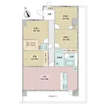 角住戸で二面バルコニーのゆったりとした間取りです。