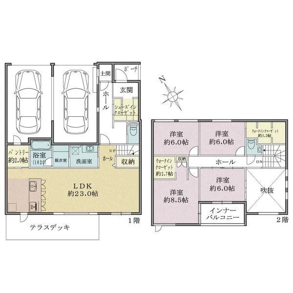 横浜市青葉区美しが丘3丁目 【建築参考プラン(間取図)】建物延床面積209.43m2、各床面積1階124.94m2、2階…