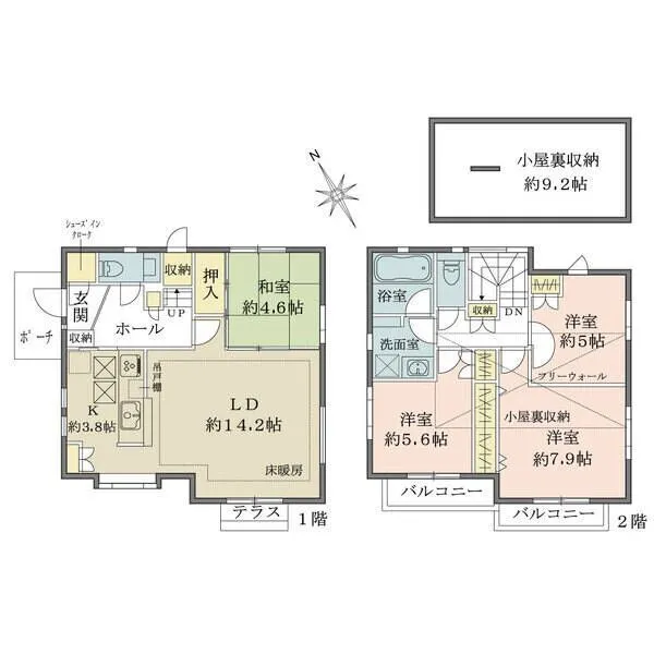 狛江市中和泉３丁目 回遊性のある間取り設計。小屋裏収納やシューズインクローゼットなど豊富な収納スペースが備わっています。