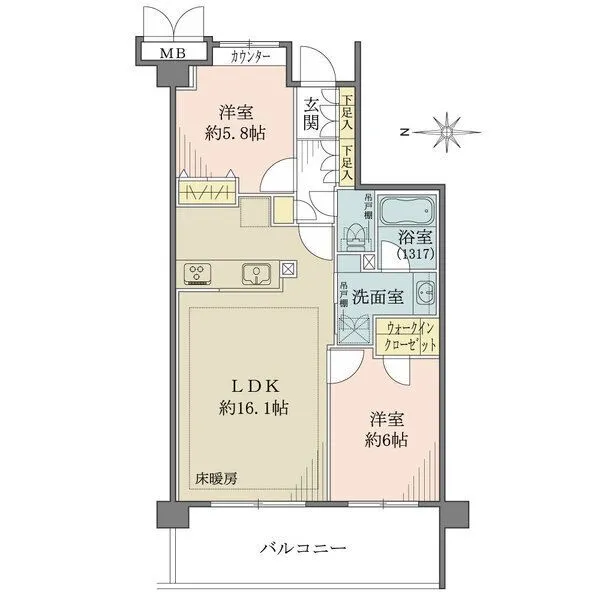 ヴェルレージュ世田谷・砧 LDKと約6帖の洋室からバルコニーへ出入り可能。廊下収納など、便利な収納スペースが備わっています。