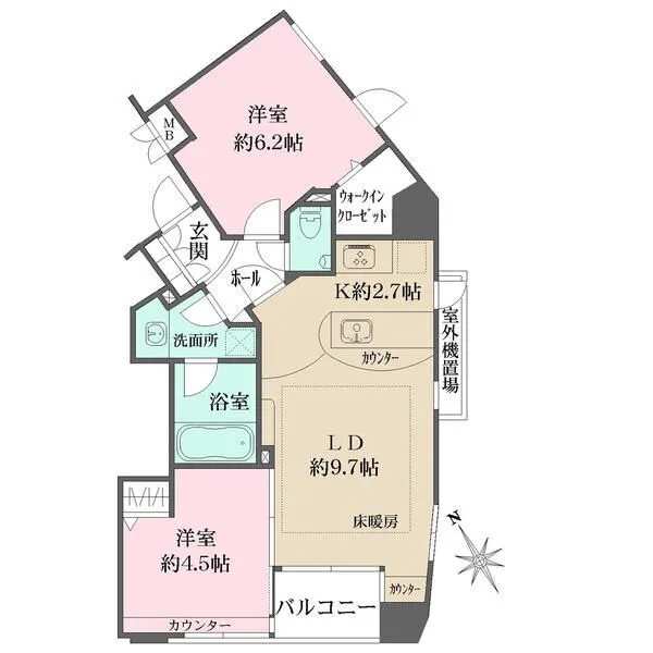 エルズ武蔵小杉 リビングダイニングに床暖房あり、カウンター式システムキッチン、洋室(約6.2帖)にWICあり