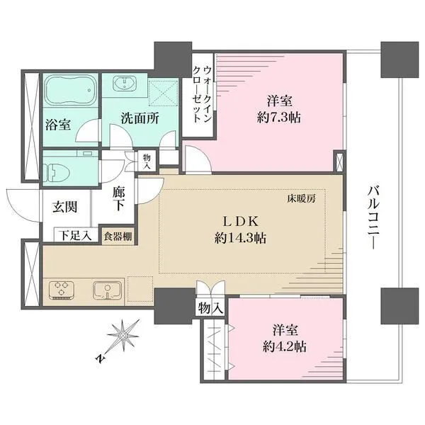 プライマリーナ山下公園グレーシアタワー 全室採光を確保した明るい住空間。WIC付きの収納豊富な2LDK