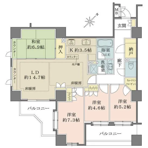 新百合ヶ丘パークハウス4番街 LDは2面採光。バルコニーは2か所あり陽当り・通風良好。ウォークインクローゼットや納戸など収納豊富。