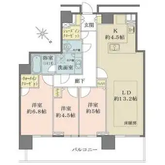 ウォークインクローゼット等、収納豊富。各洋室は独立した配置です。LD部分に床暖房有り。