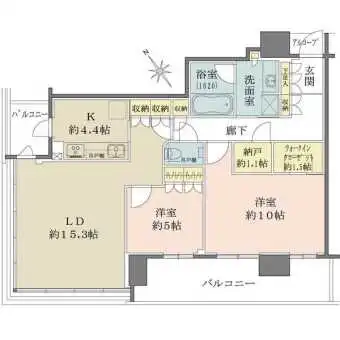 2面バルコニー付き住戸。約10帖の洋室などゆとりある設計です。ウォークインクローゼット、納戸有り。
