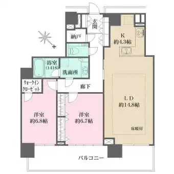 納戸やウォークインクローゼット等、収納豊富。各洋室は独立した配置です。LD部分に床暖房有り。