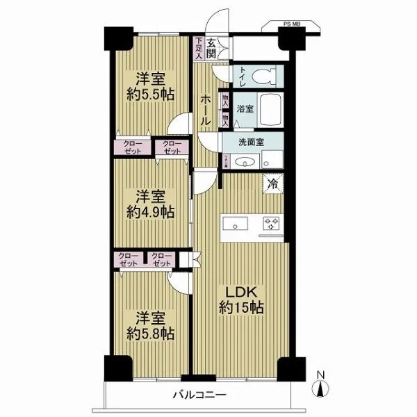八戸ノ里ニュースカイハイツ 生活に便利な3LDK