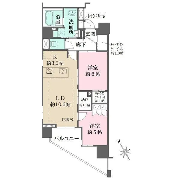 ザ・パークハウス赤羽フロント 2階部分　南西向き角部屋　２LDKファミリータイプの使いやすい間取り　全居室クローゼット有り